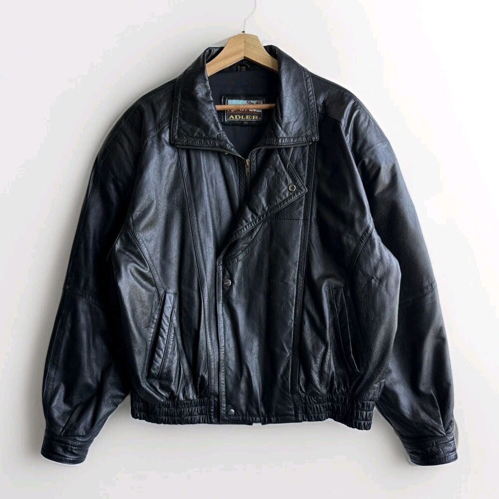 Vintage Adler Black Leather Motorcycle Bomber Jacket Mens Size XL Outdoor Grunge